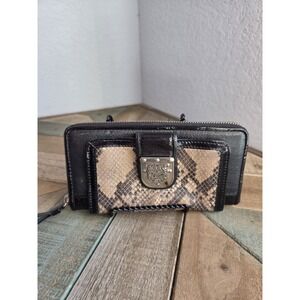 Brighton Black Patent Leather Wallet Snake Skin Zip Around Silver